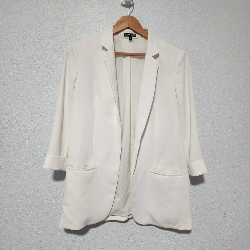 Express White Open Front Blazer Cuffed 3/4 Sleeve Medium Career Business Wear